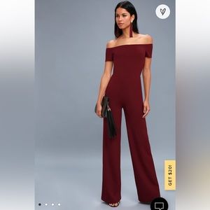 Lulus Alleyoop Burgundy Off the Shoulder Jumpsuit